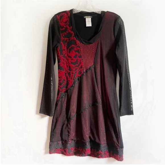 Dolcezza Dresses & Skirts - Dolcezza dress red black art to wear mesh sheer lace embroidered